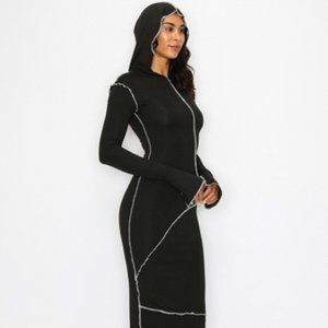 Reverse Stitch Hooded Midi Long Sleeve Dress